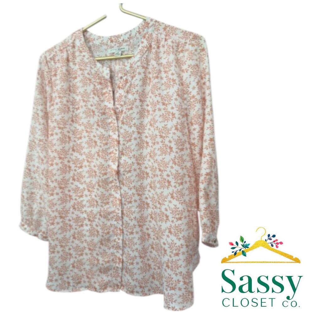 Jachs Girlfriend NY White Brown Floral Blouse Split Neck Pintuck Hem Size M